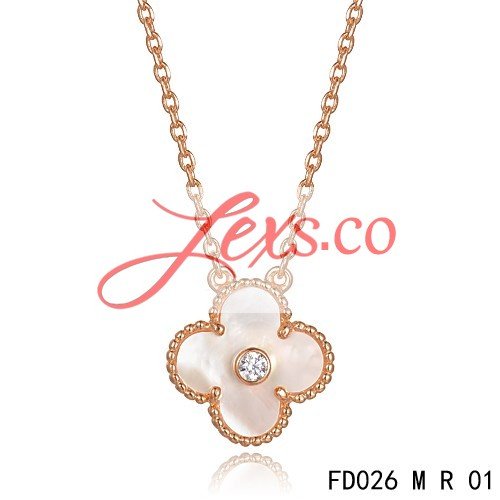 Van Cleef & Arpels Vintage Alhambra Pendant Necklace Replica Pink Gold 1 Motif MOP With Round Diamond